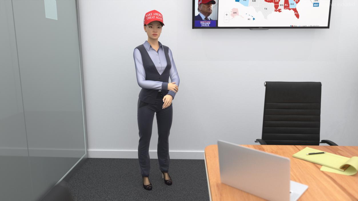 3D Asian Businesswoman Fur in MAGA Hat Fur Rigged