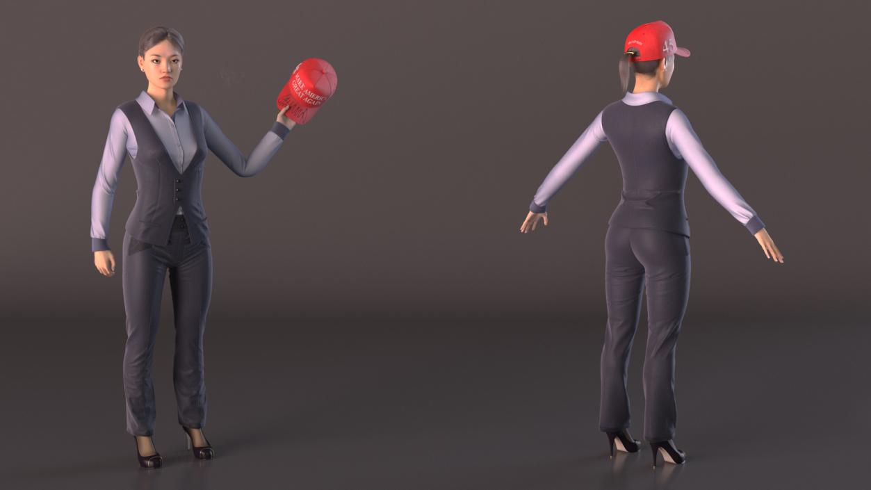 3D Asian Businesswoman Fur in MAGA Hat Fur Rigged