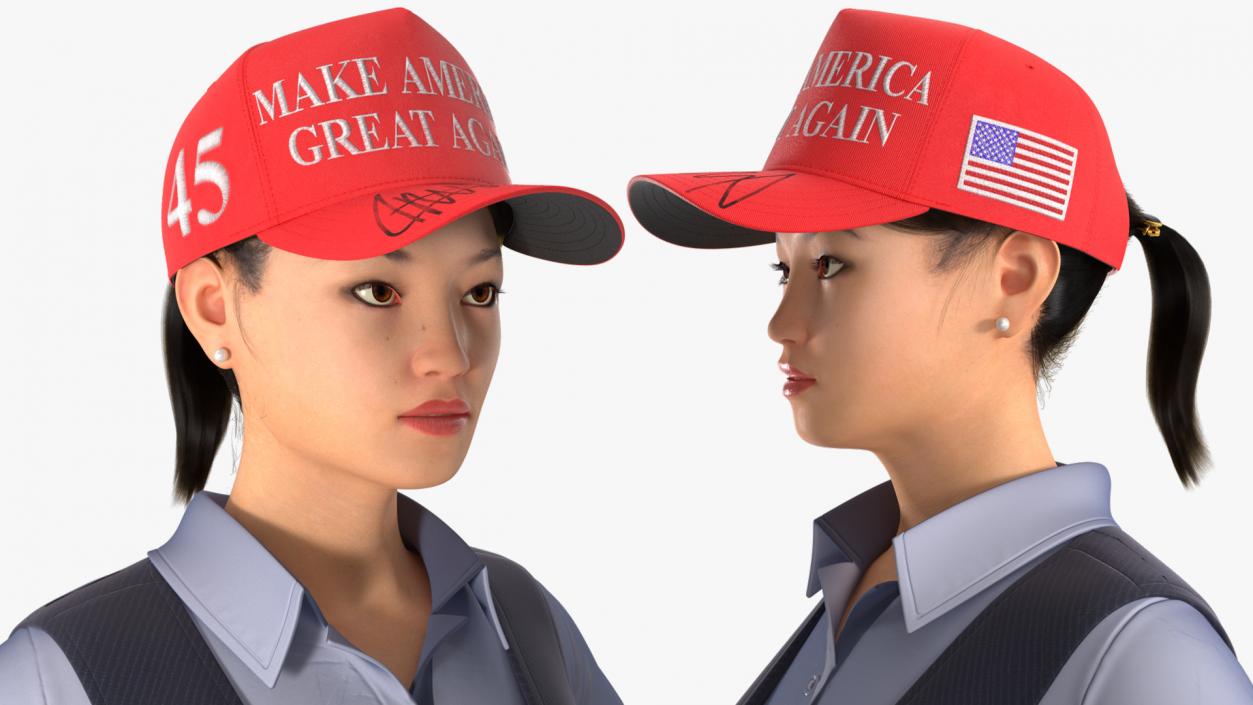 3D Asian Businesswoman Fur in MAGA Hat Fur Rigged