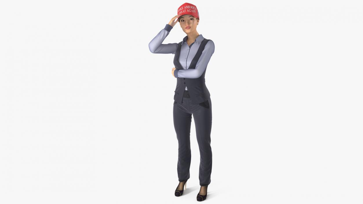 3D Asian Businesswoman Fur in MAGA Hat Fur Rigged