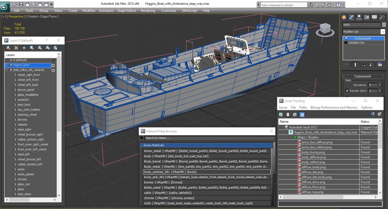 Higgins Boat with Ambulance Jeep 3D