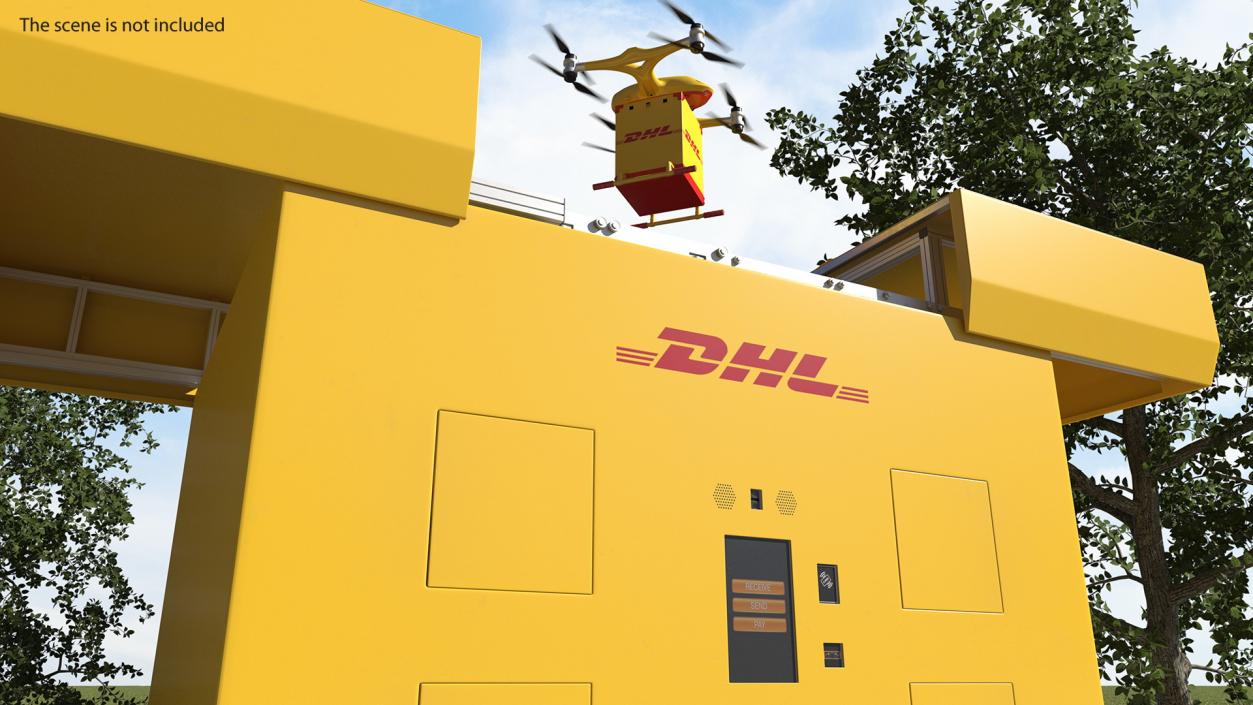 Quadcopter DHL Drone with Delivery Package 3D