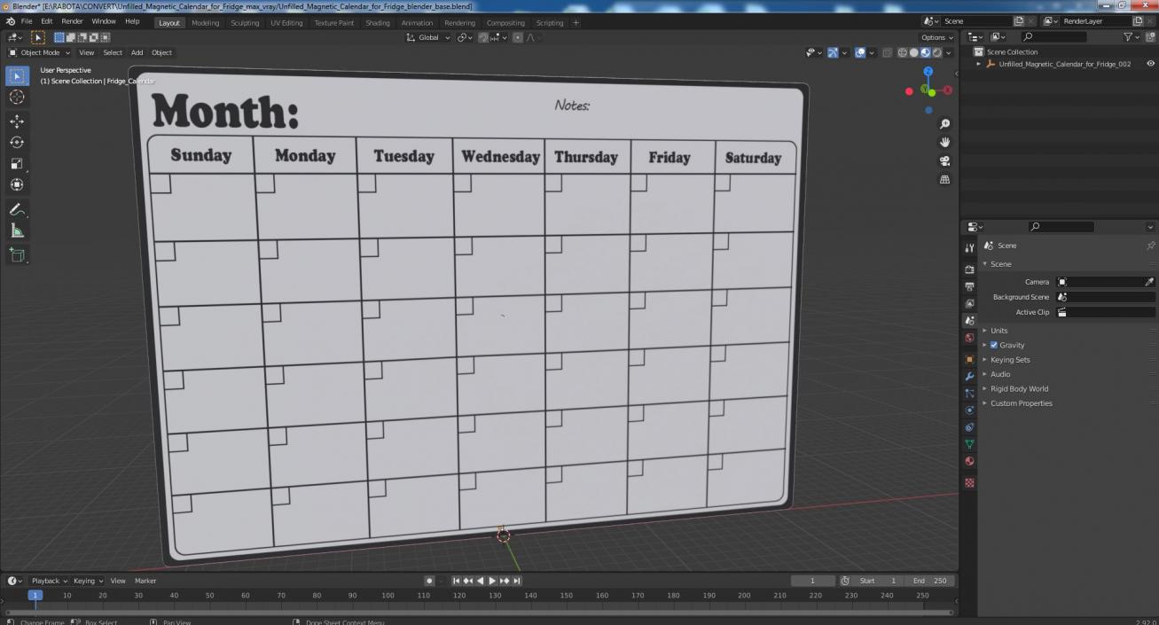 Unfilled Magnetic Calendar for Fridge 3D