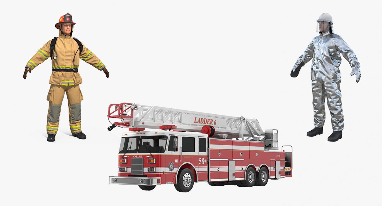 3D model Ladder Fire Truck and Firefighters Collection