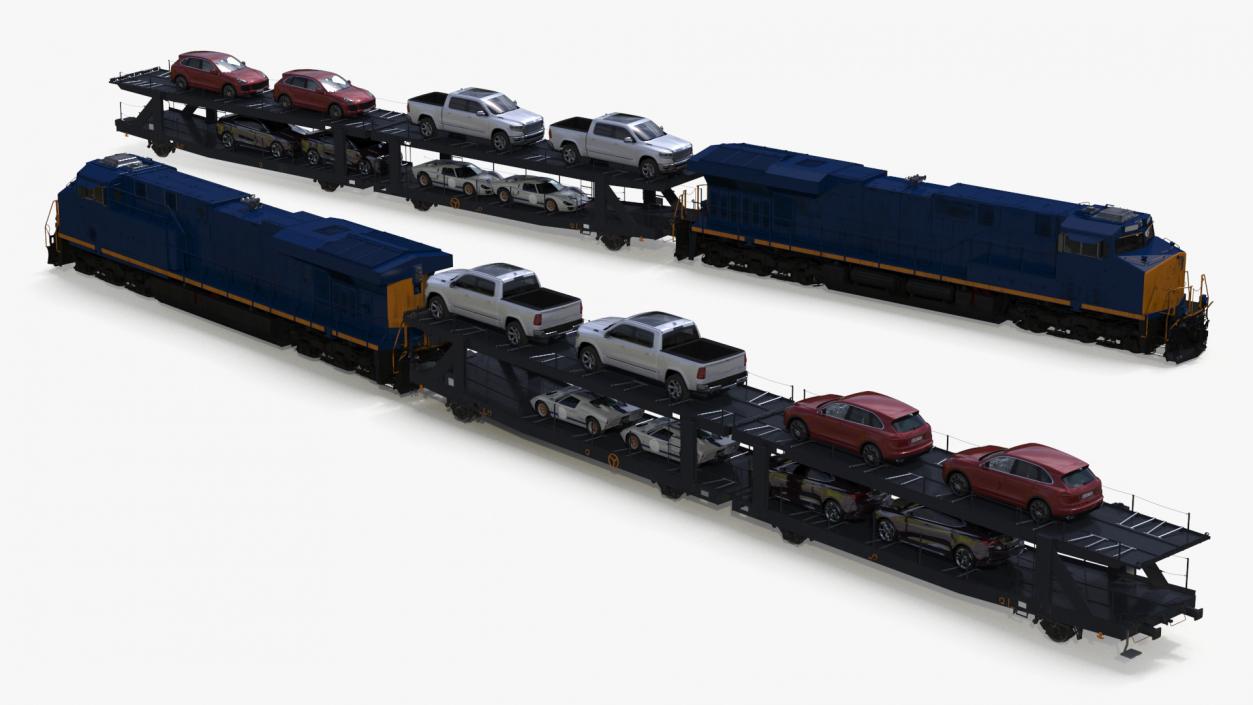 3D Freight Locomotive with Auto Carrier Loaded model