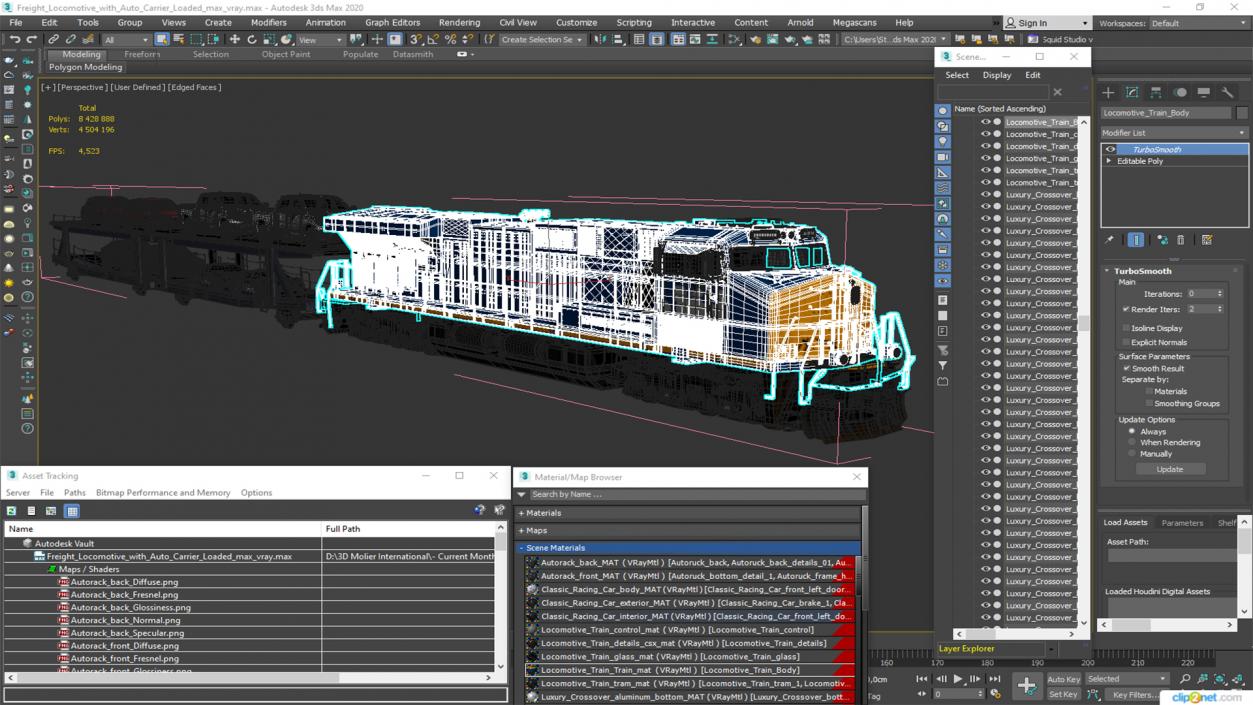 3D Freight Locomotive with Auto Carrier Loaded model