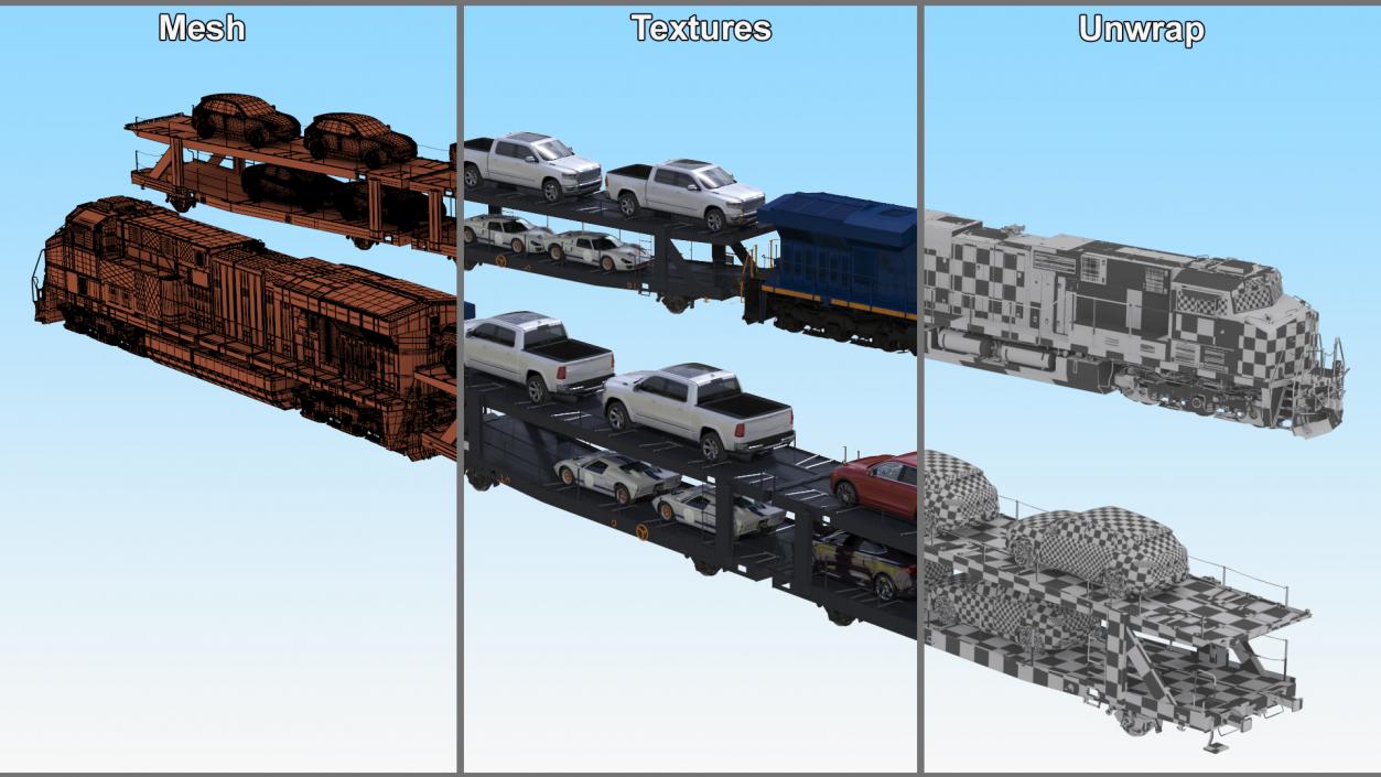 3D Freight Locomotive with Auto Carrier Loaded model