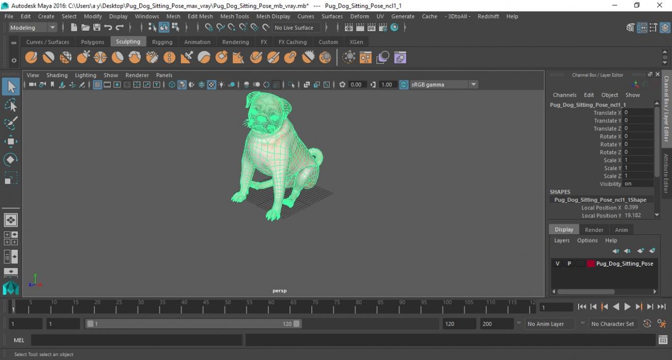 3D model Pug Dog Sitting Pose