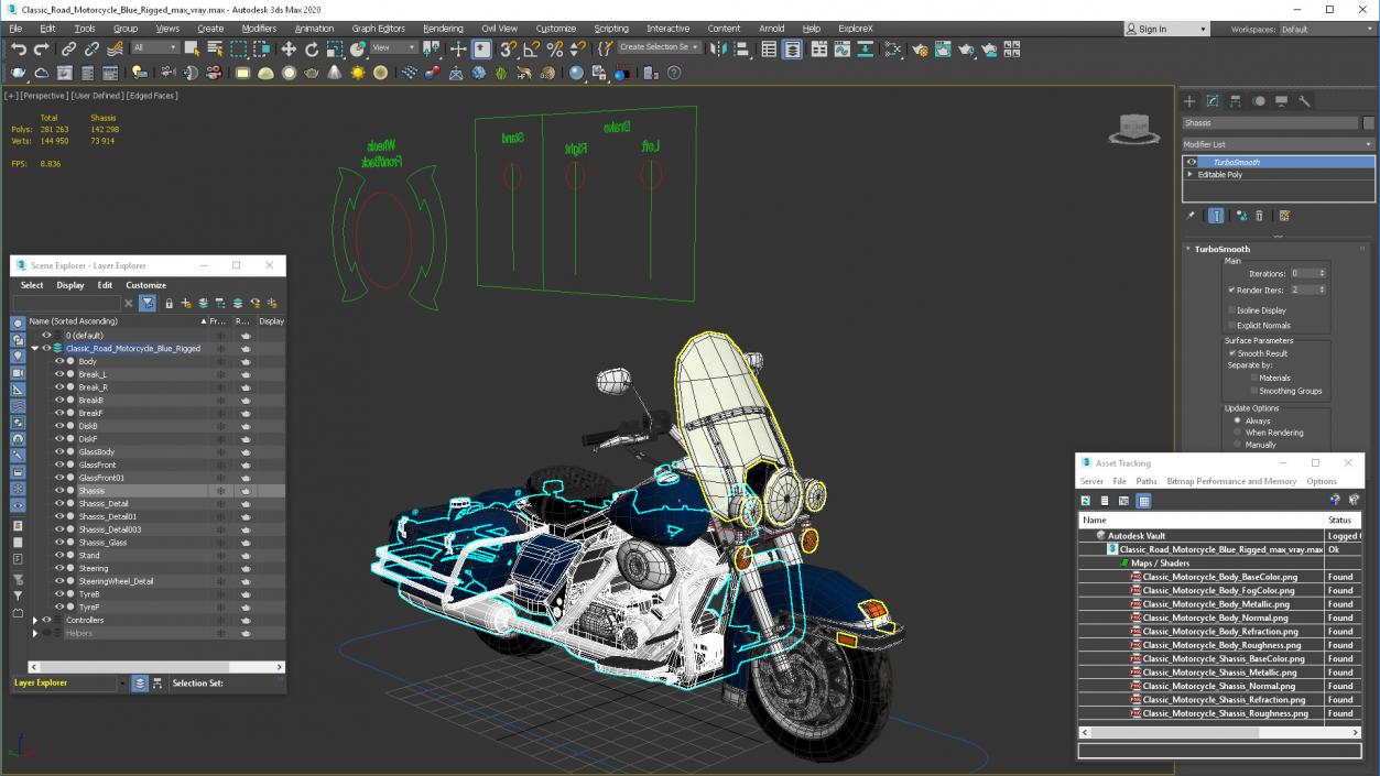 3D model Classic Road Motorcycle Blue Rigged