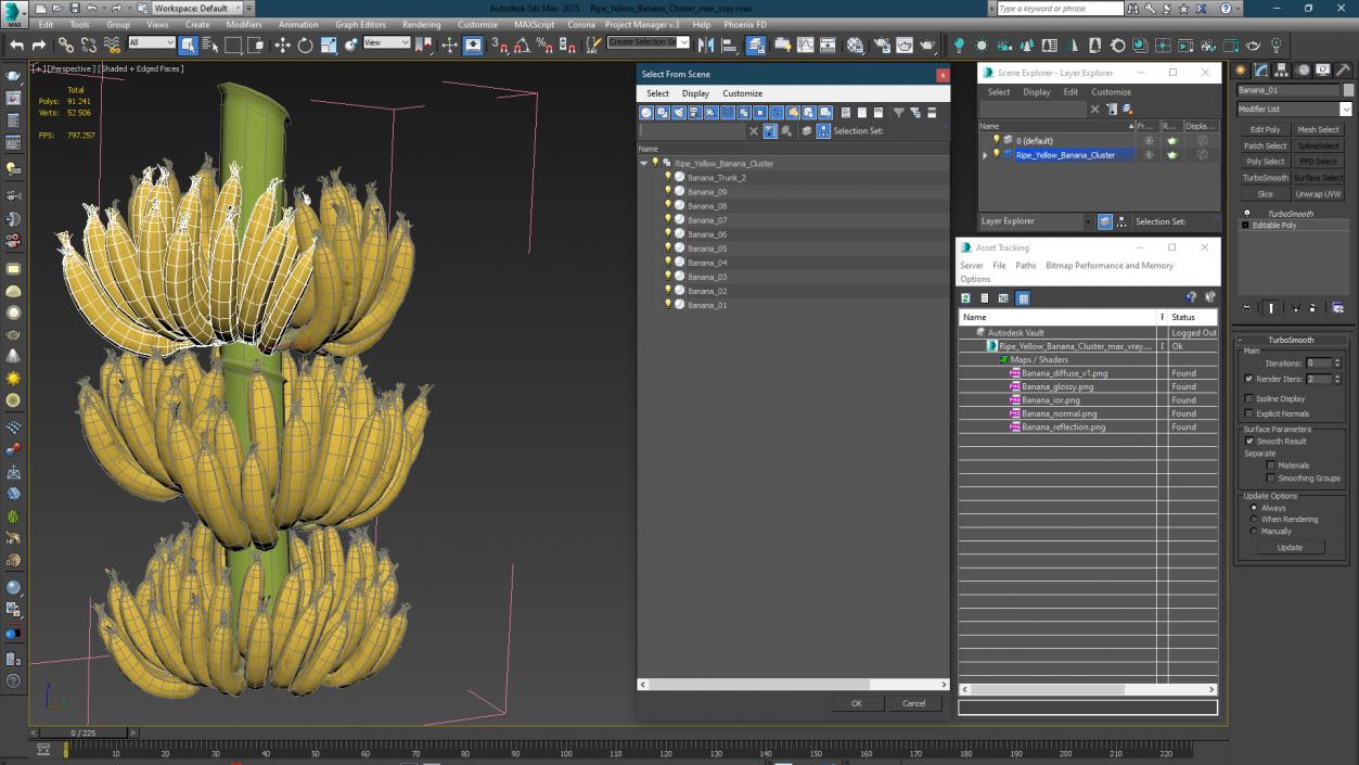 3D Ripe Yellow Banana Cluster