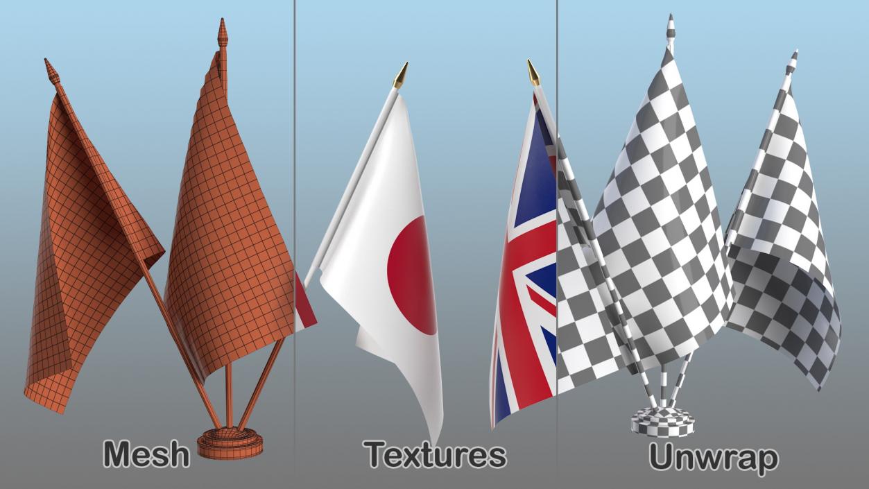 3D Table Flags United Kingdom USA Japan