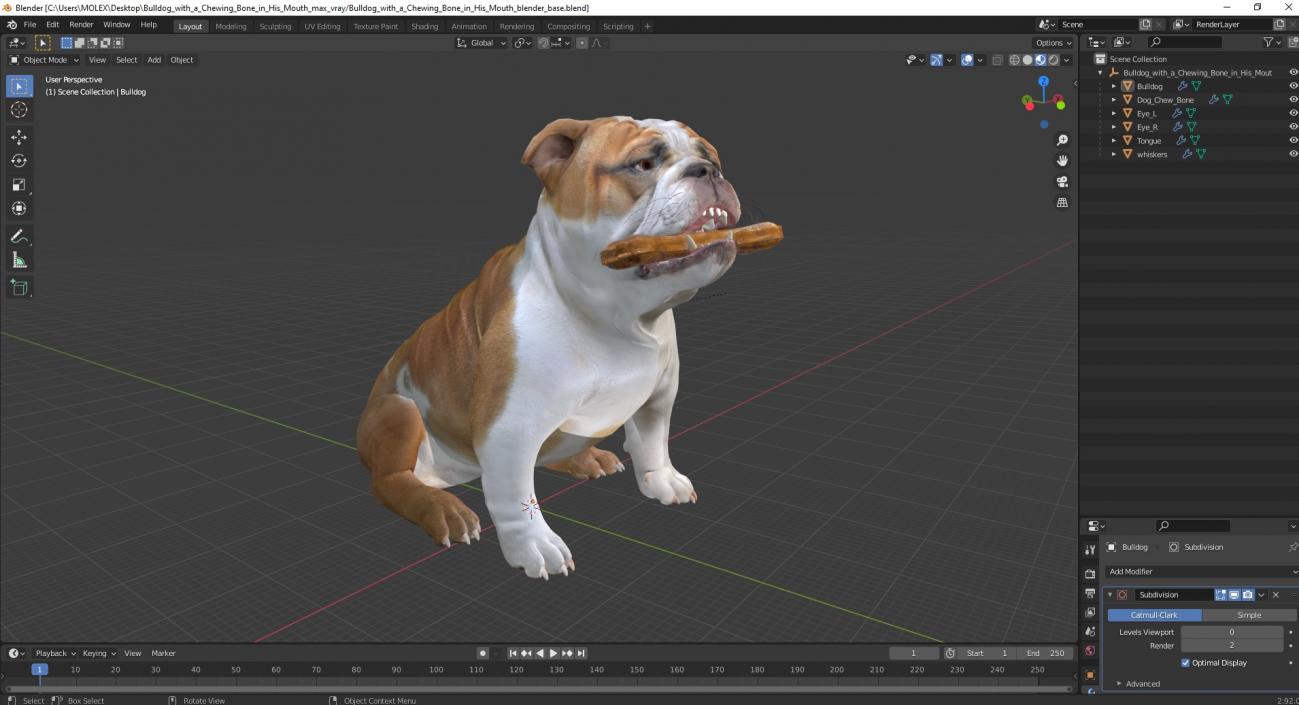 3D model Bulldog with a Chewing Bone in His Mouth