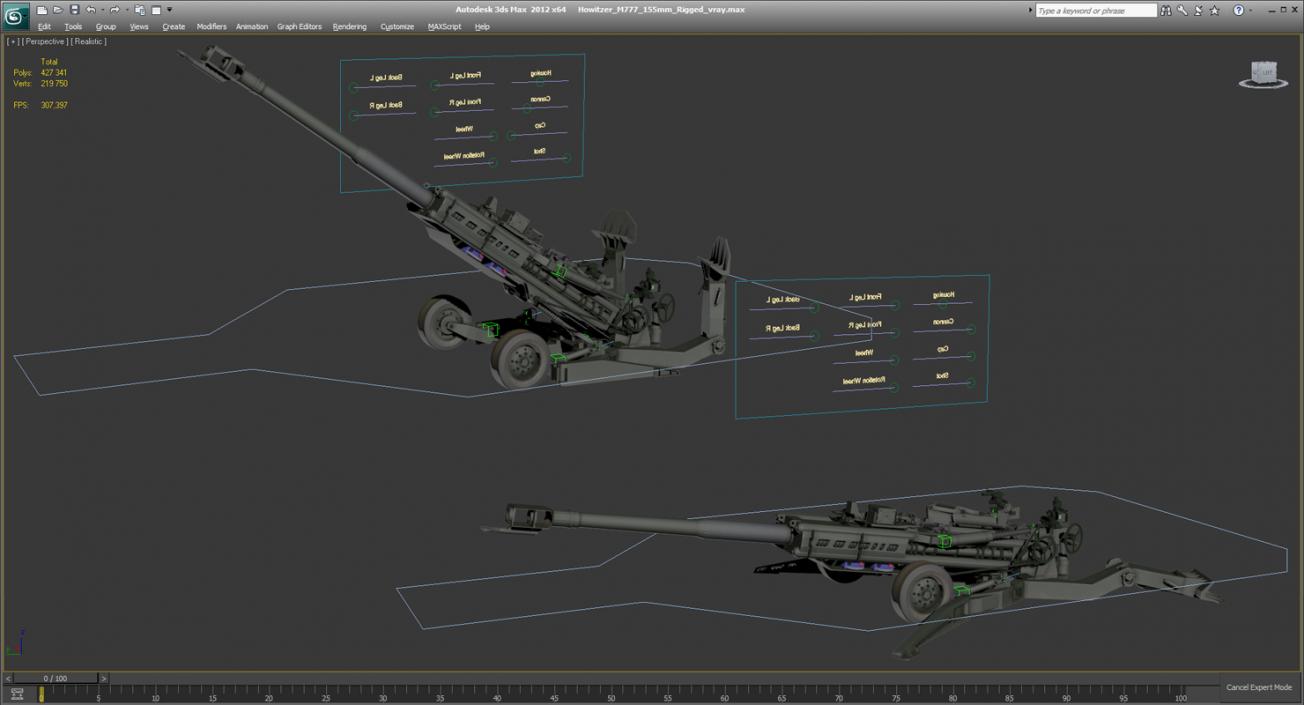 3D Howitzer M777 155mm Rigged