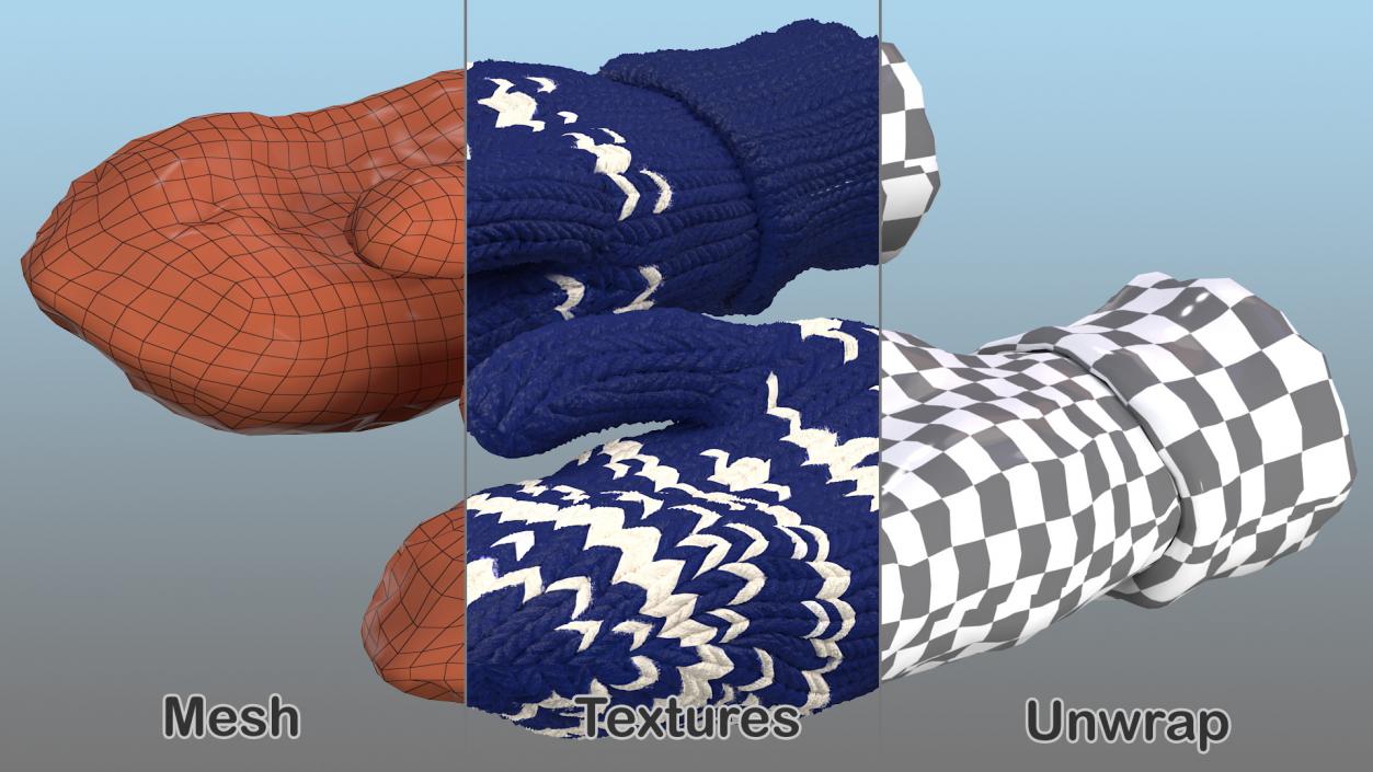 3D model Pair of Blue Wool Mittens