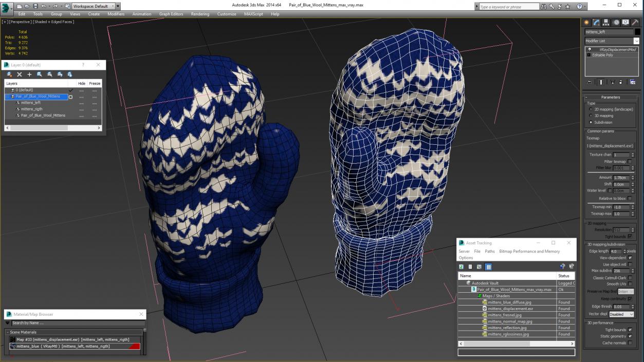 3D model Pair of Blue Wool Mittens