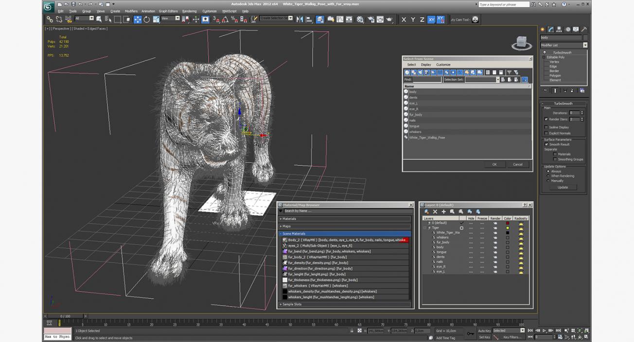 White Tiger Walkig Pose with Fur 3D