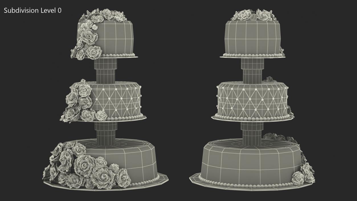 3D model White Three Tier Wedding Cake with Roses