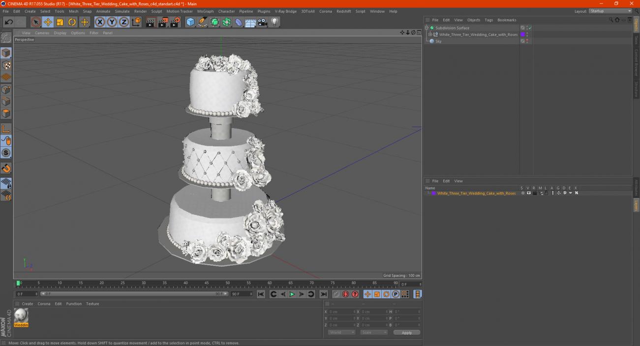 3D model White Three Tier Wedding Cake with Roses