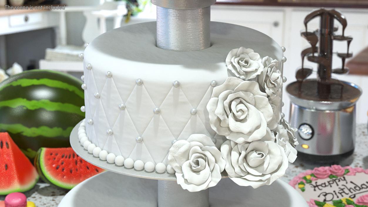 3D model White Three Tier Wedding Cake with Roses