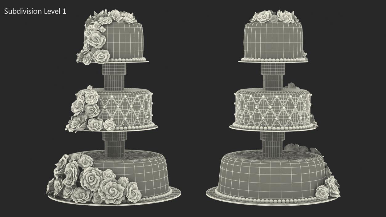 3D model White Three Tier Wedding Cake with Roses