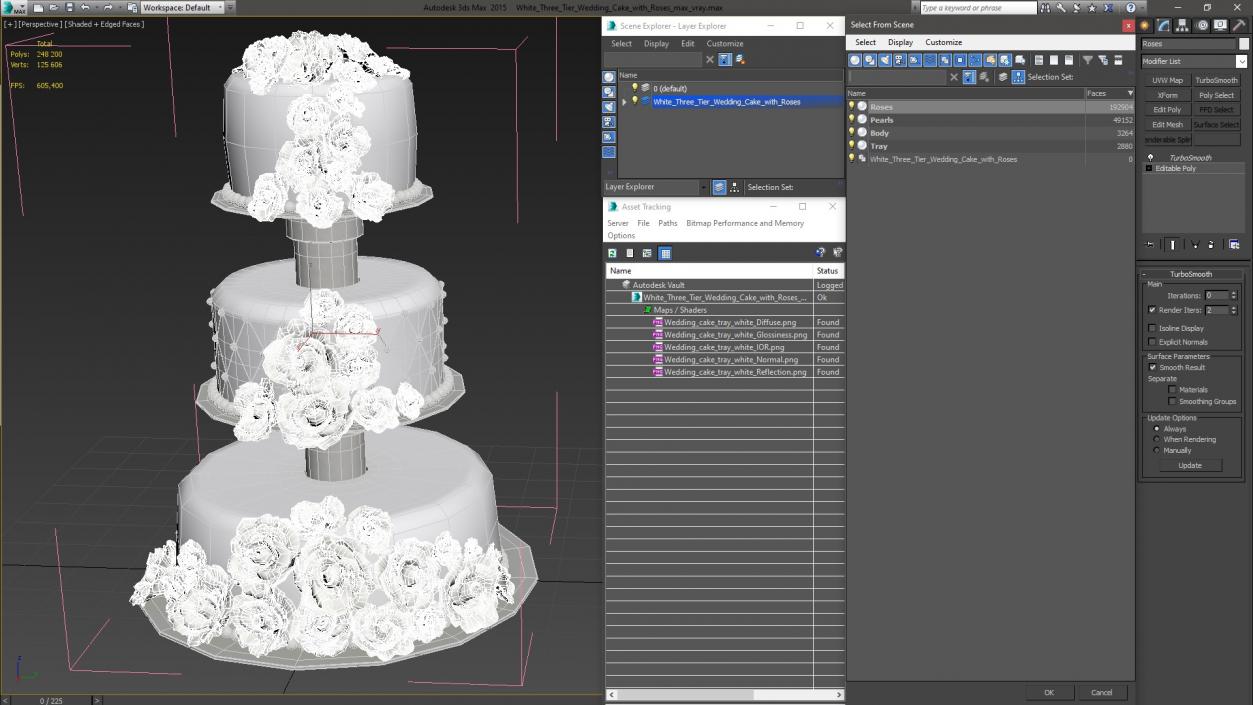 3D model White Three Tier Wedding Cake with Roses