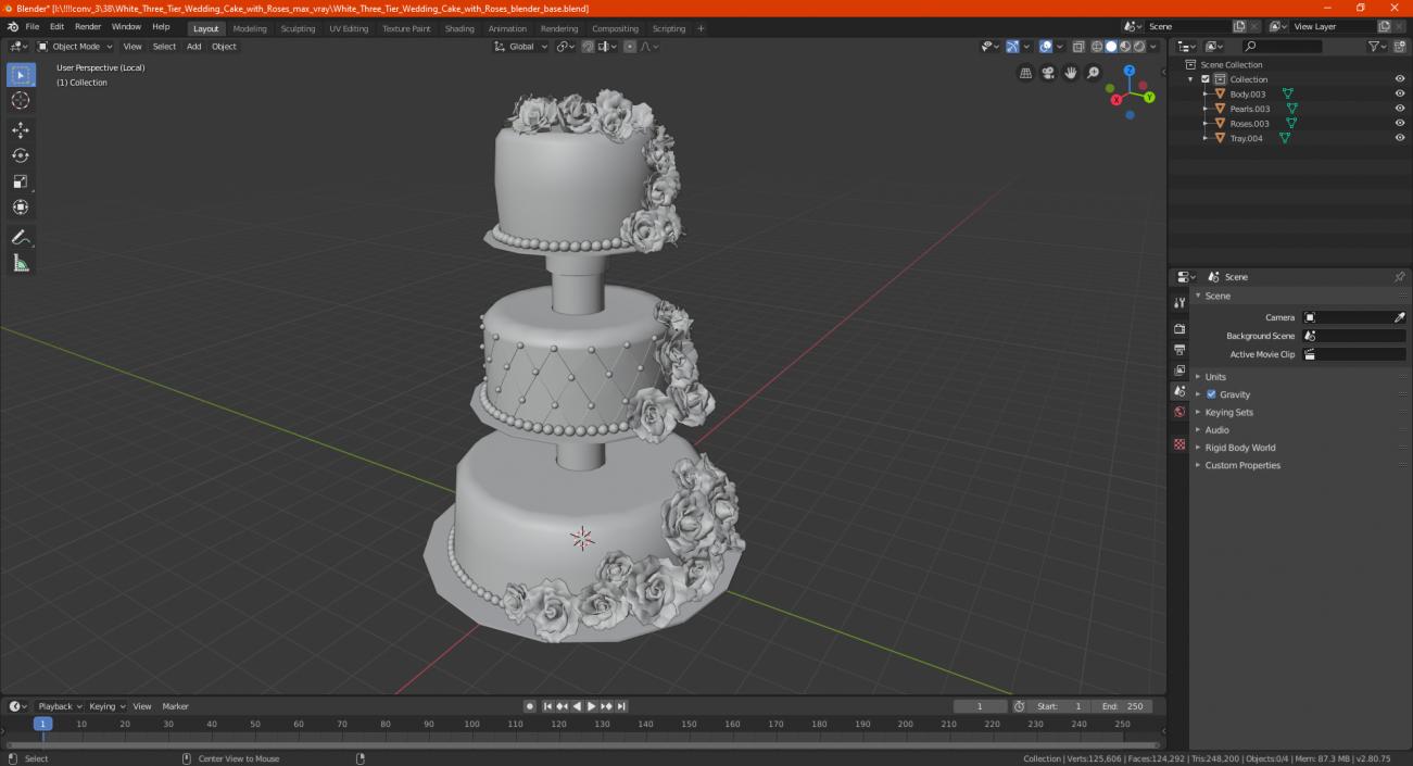 3D model White Three Tier Wedding Cake with Roses