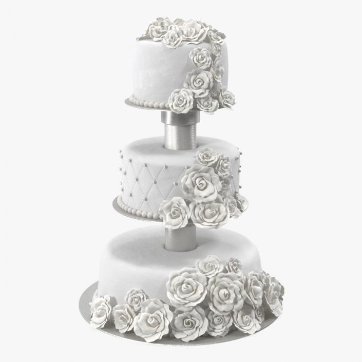 3D model White Three Tier Wedding Cake with Roses