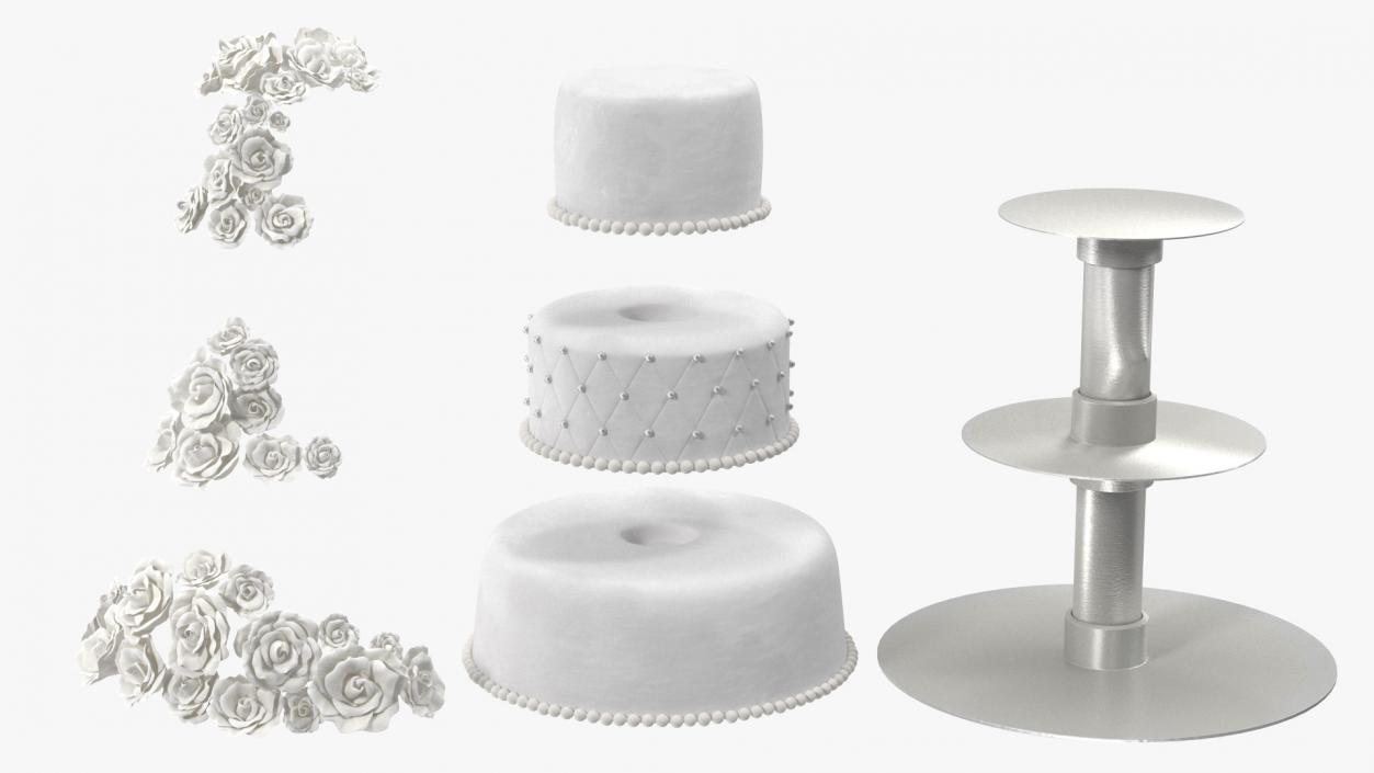 3D model White Three Tier Wedding Cake with Roses