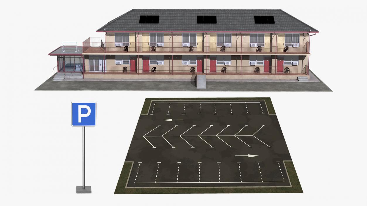 3D Two Story Motel with Car Parking Collection model