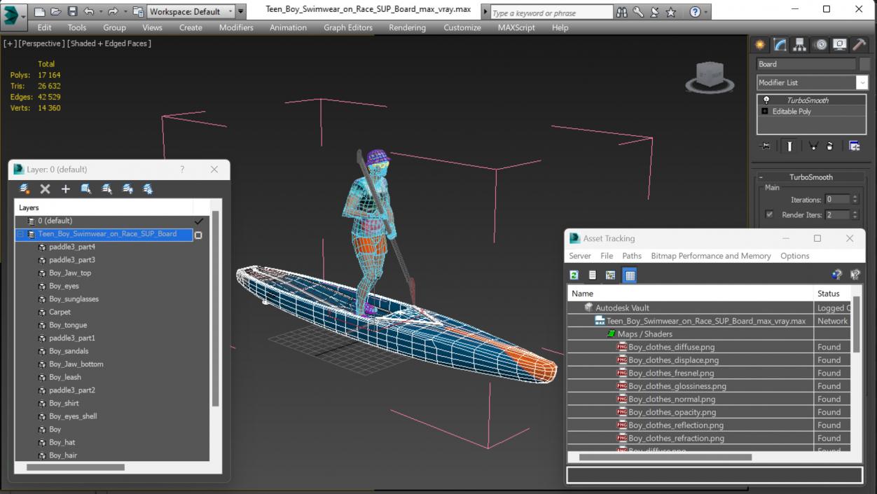 3D model Teen Boy Swimwear on Race SUP Board