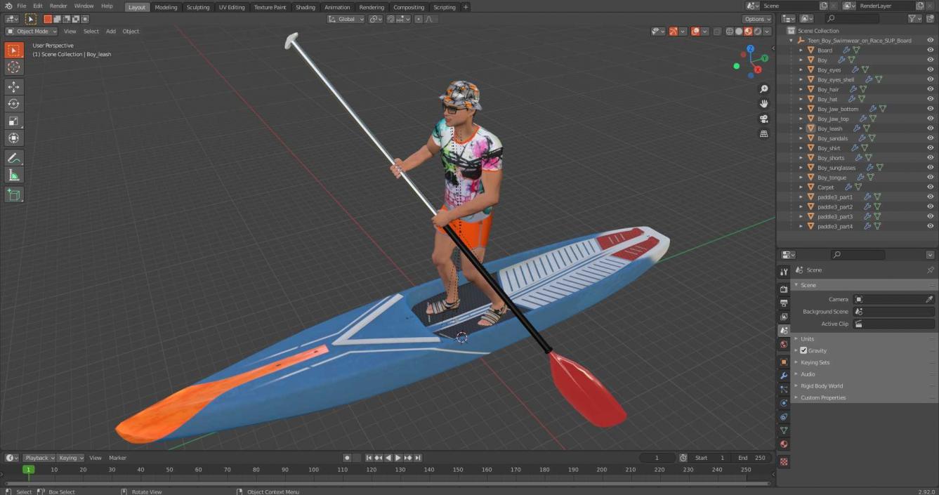 3D model Teen Boy Swimwear on Race SUP Board