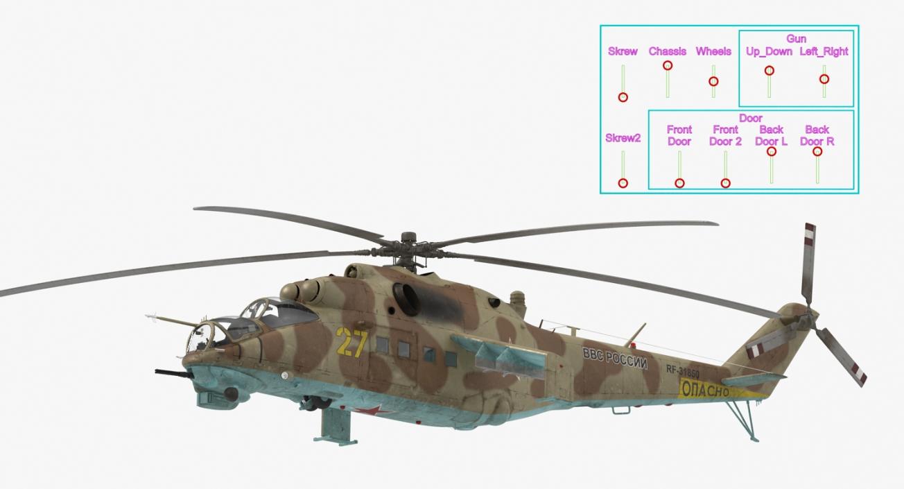 3D model Russian Helicopter Mil Mi-24 Hind Rigged