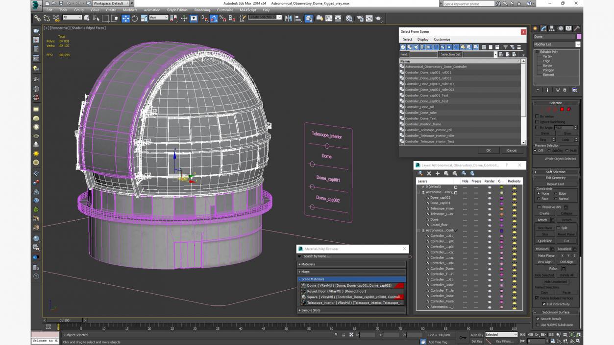 3D Astronomical Observatory Dome Rigged