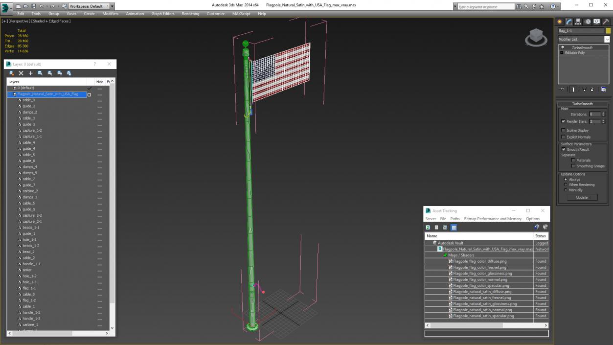 3D Flagpole Natural Satin with USA Flag