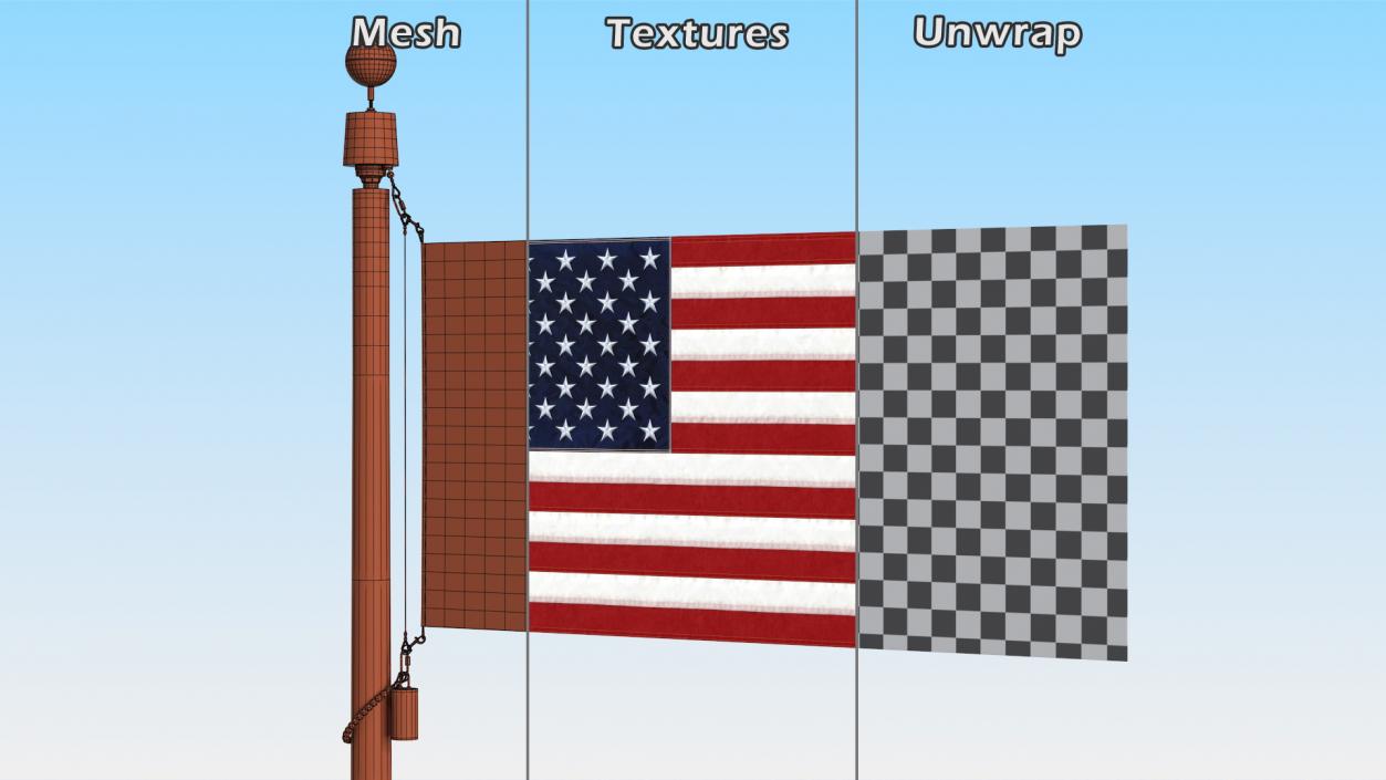 3D Flagpole Natural Satin with USA Flag