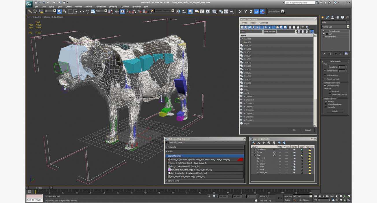 3D model Dairy Cow with Fur Rigged