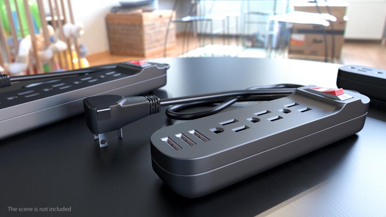 3 Outlets Smart Black Mini Power Strip with USB 3D