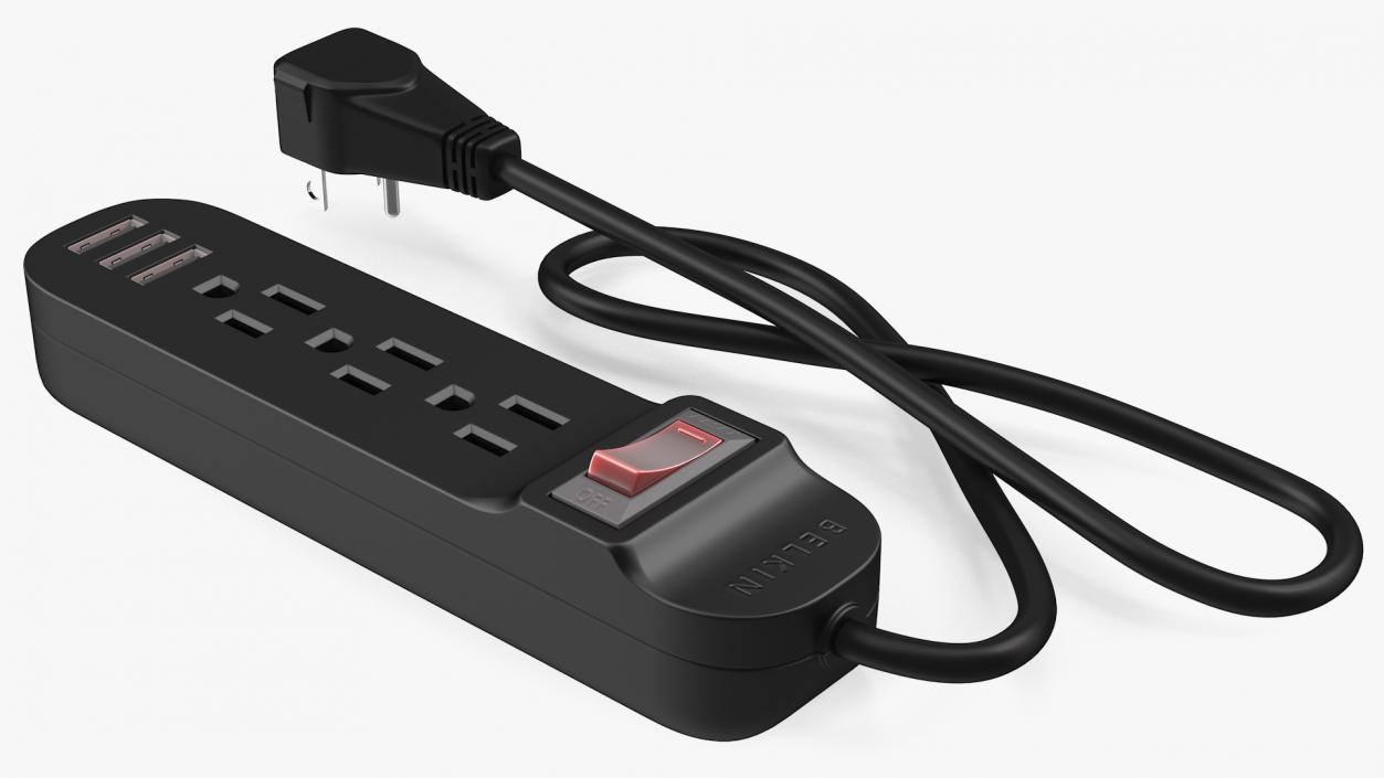 3 Outlets Smart Black Mini Power Strip with USB 3D