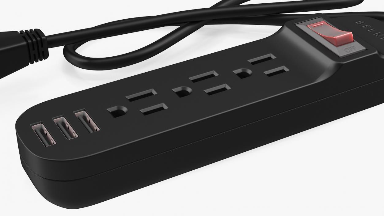 3 Outlets Smart Black Mini Power Strip with USB 3D