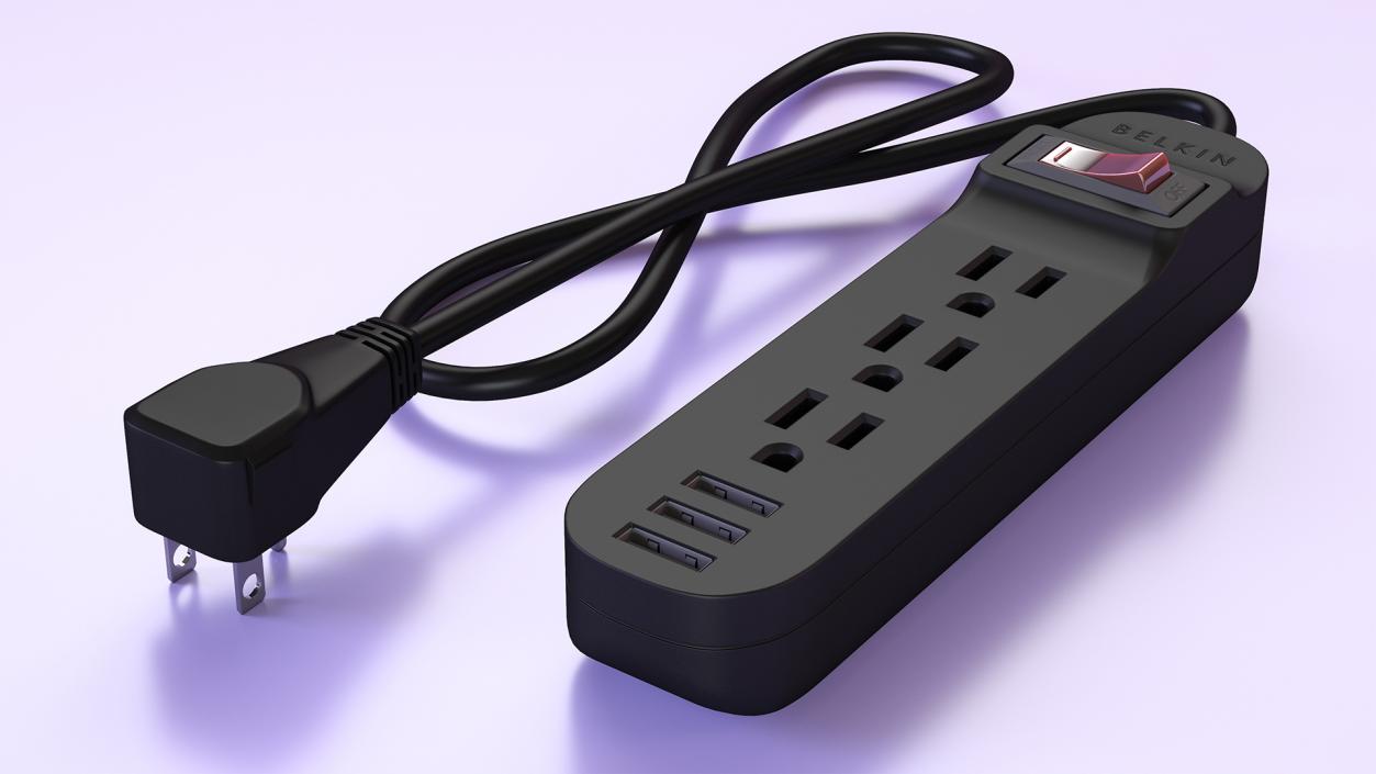 3 Outlets Smart Black Mini Power Strip with USB 3D