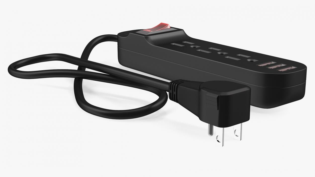 3 Outlets Smart Black Mini Power Strip with USB 3D