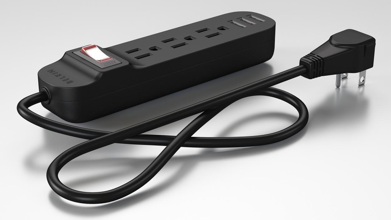 3 Outlets Smart Black Mini Power Strip with USB 3D