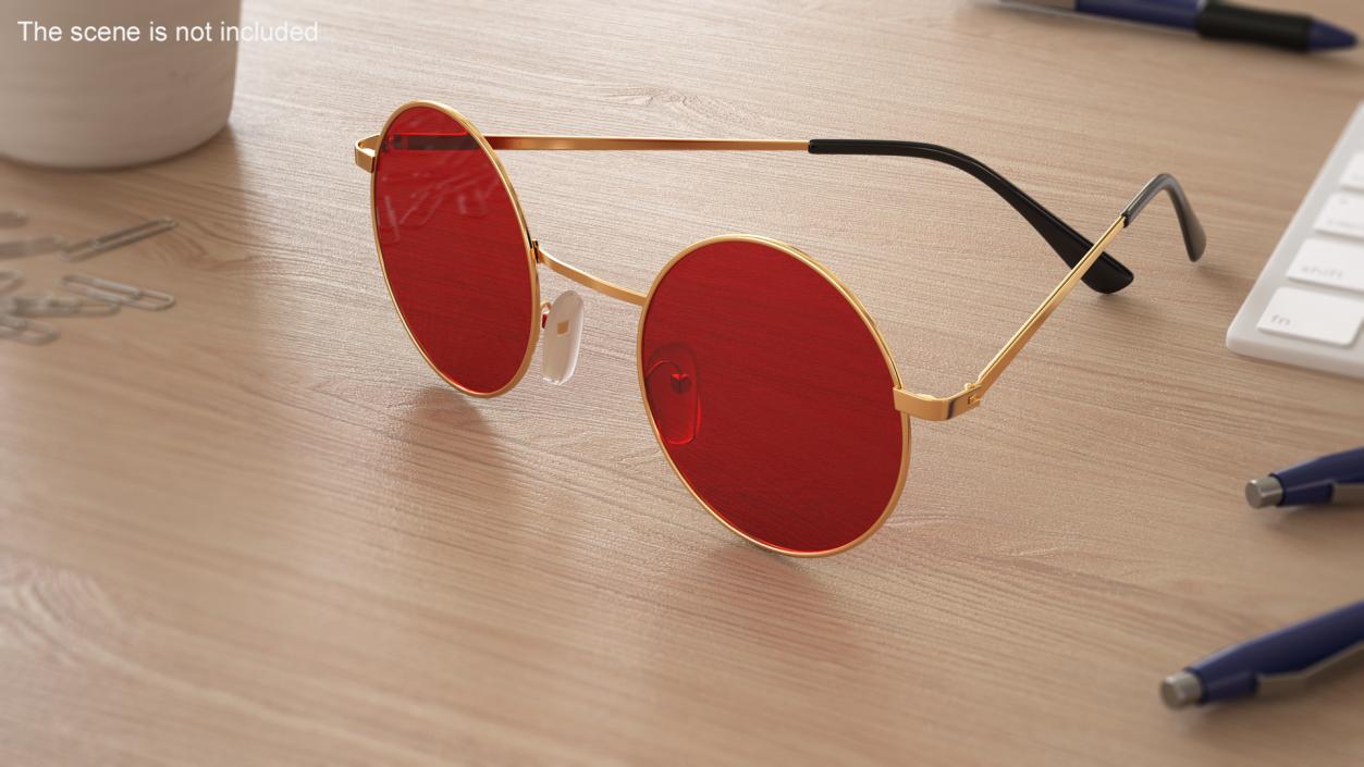 Round Circle Golden Frame Red Lens Glasses 3D