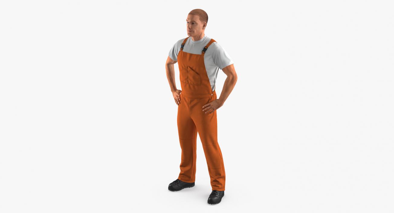 Worker In Orange Overalls Standing Pose 3D model