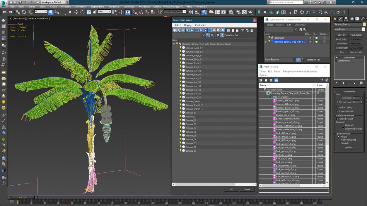 3D Blooming Banana Tree with Green Banana Cluster