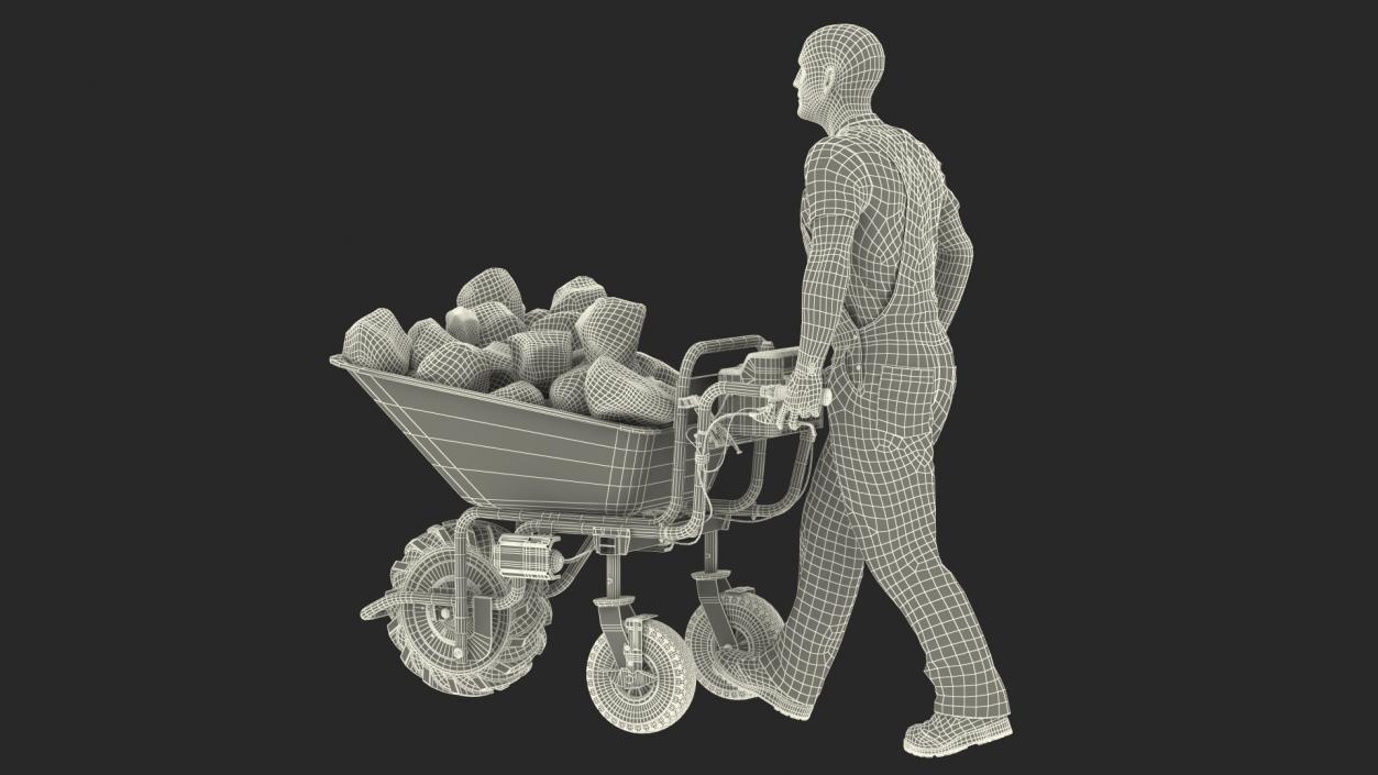 3D Worker with Electric Wheelbarrow with Stones Rigged