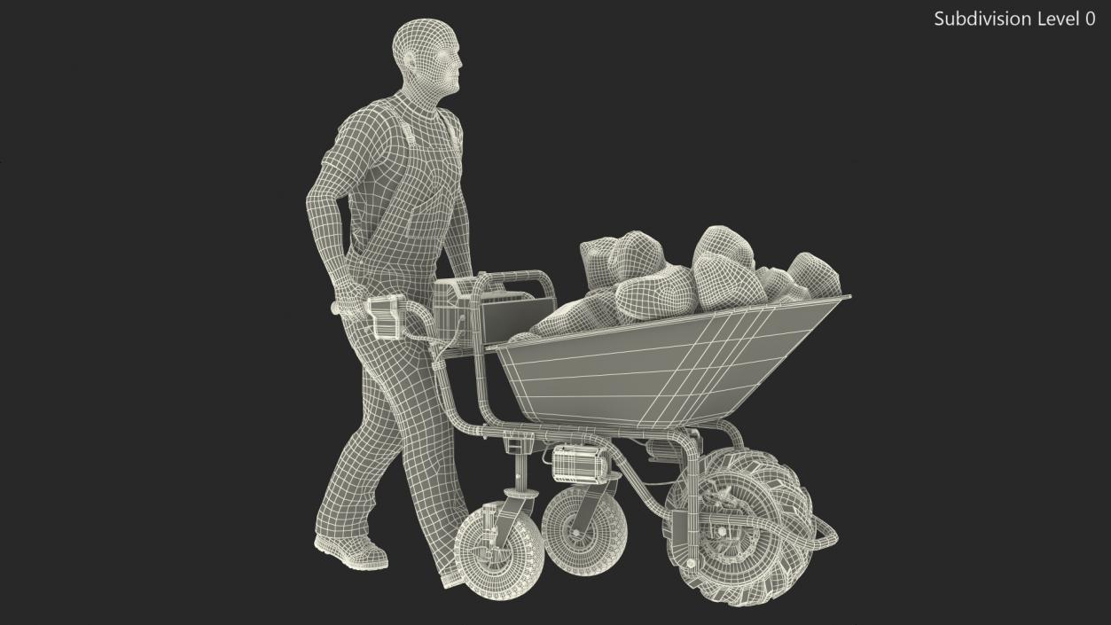 3D Worker with Electric Wheelbarrow with Stones Rigged