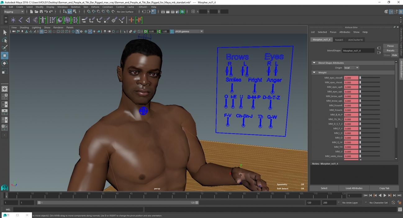 3D model Barman and People at Tiki Bar Rigged for Maya