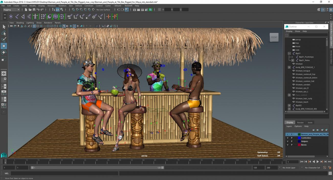 3D model Barman and People at Tiki Bar Rigged for Maya