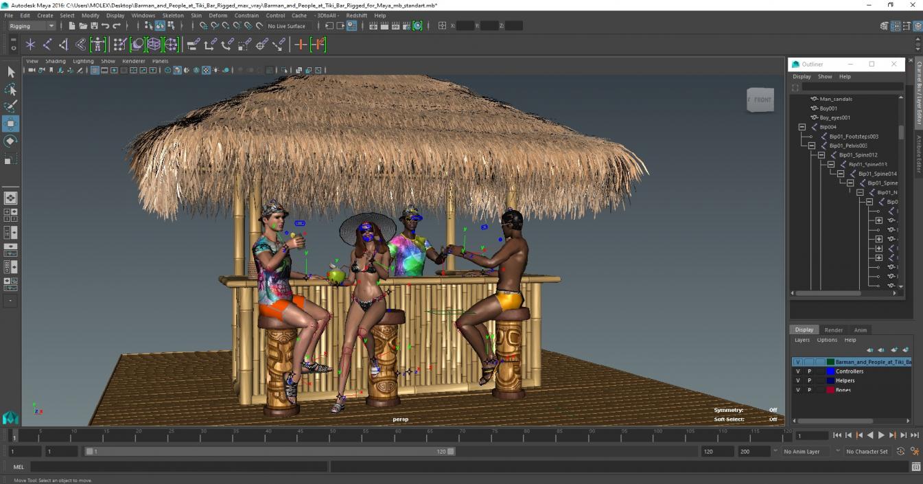 3D model Barman and People at Tiki Bar Rigged for Maya